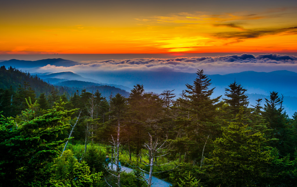 Sunset over mountains and fog from Clingman's Dome Observation Tower in Great Smoky Mountains National Park, Tennessee.
