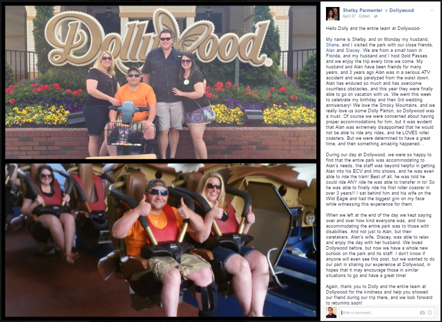 Paralyzed man able to ride roller coaster for the first time in 3 years at Dollywood