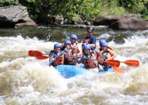 A group of people in a blue raft paddling on whitewater rapids. 