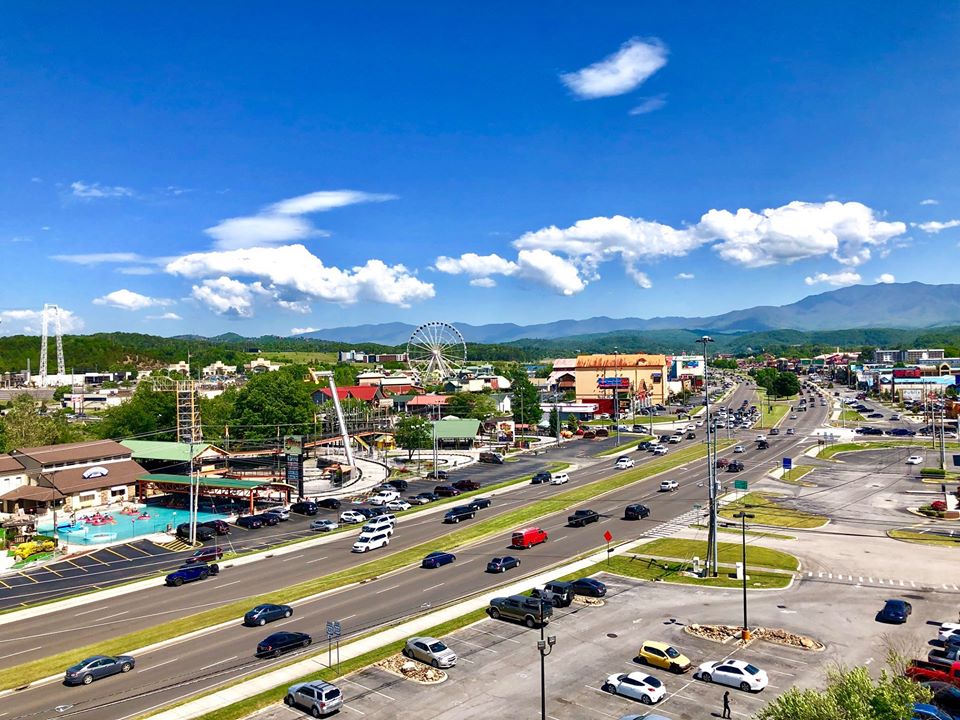 Aerial view of the main parkway in Pigeon Forge