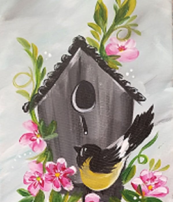 Brushes and Brew Bird House painting class