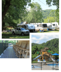campers, swimming pool, rocking chairs