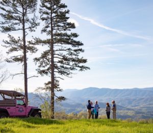 a pink jeep parked on foothills parkway looking at the mountains 