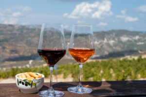 Two glasses of wine in front of a mountainous landscape. 