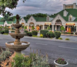 Fountain in front of stores at Tanger Outlets in Sevierville. 