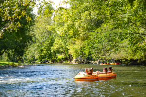 People in River Rat tubes floating down the Little River in Townsend, TN 